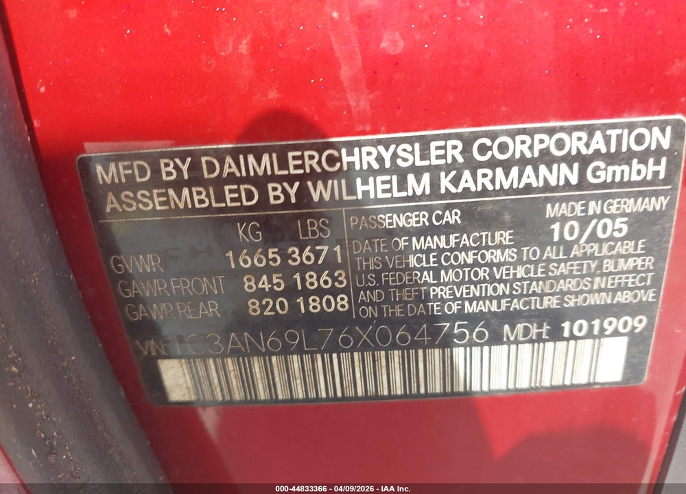 2006 CHRYSLER CROSSFIRE LIMITED VIN: 1C3AN69L76X064756