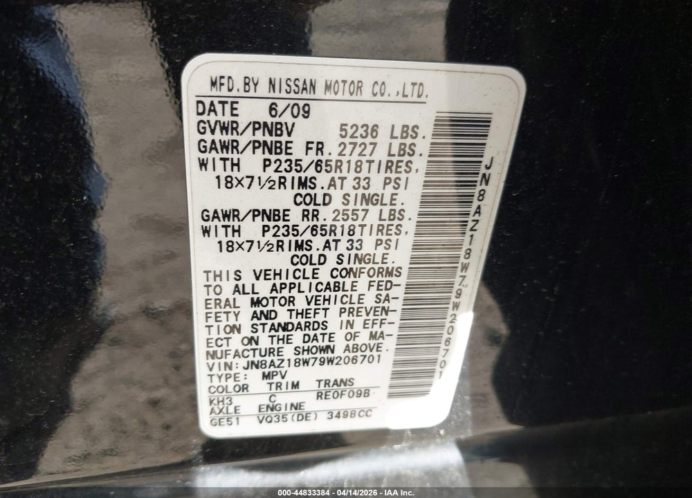 2009 NISSAN MURANO SL VIN: JN8AZ18W79W206701