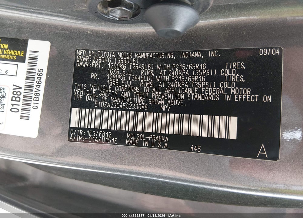 2005 TOYOTA SIENNA CE VIN: 5TDZA23C45S233048