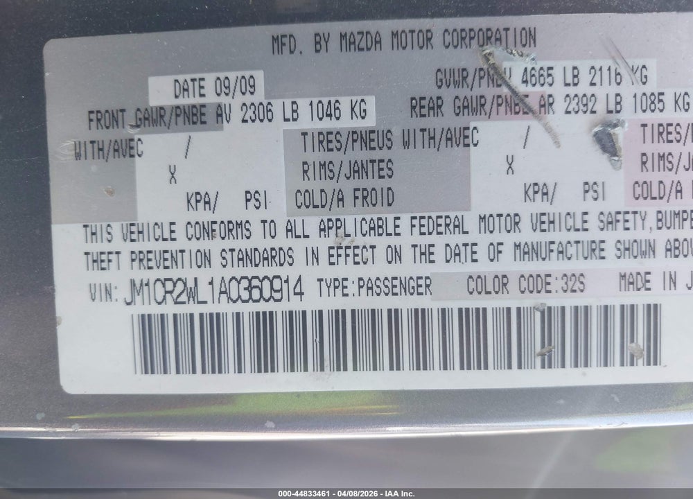 2010 MAZDA 5 SPORT VIN: JM1CR2WL1A0360914