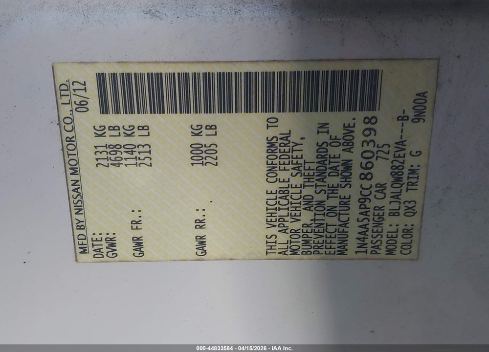 2012 NISSAN MAXIMA 3.5 S VIN: 1N4AA5AP9CC860398