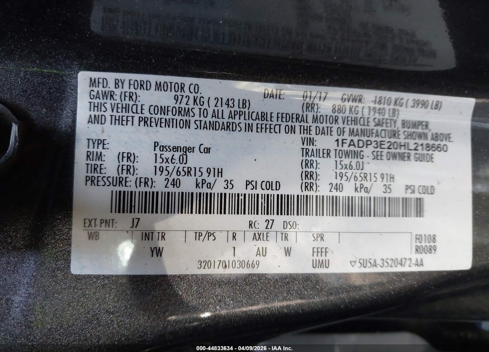 2017 FORD FOCUS S VIN: 1FADP3E20HL218660
