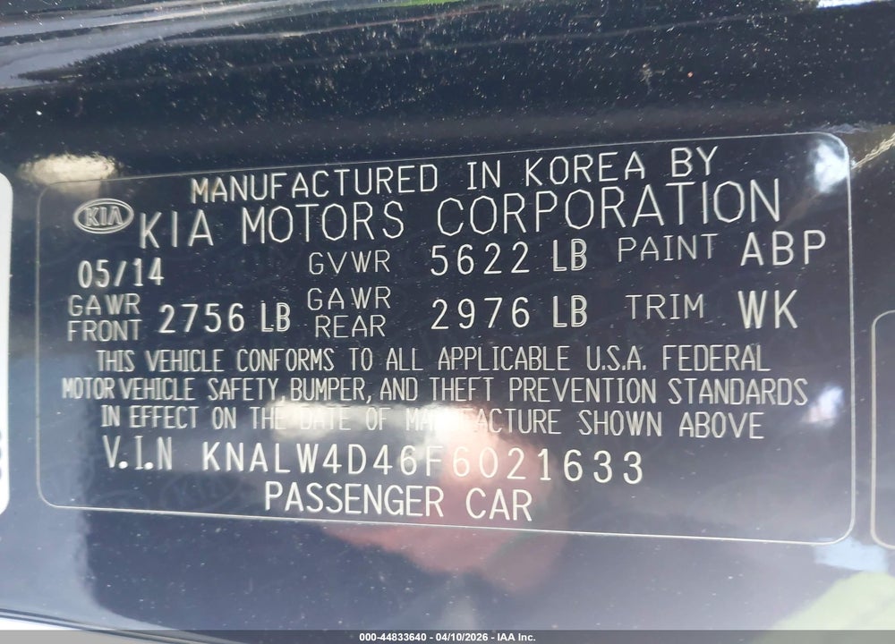 2015 KIA K900 LUXURY VIN: KNALW4D46F6021633