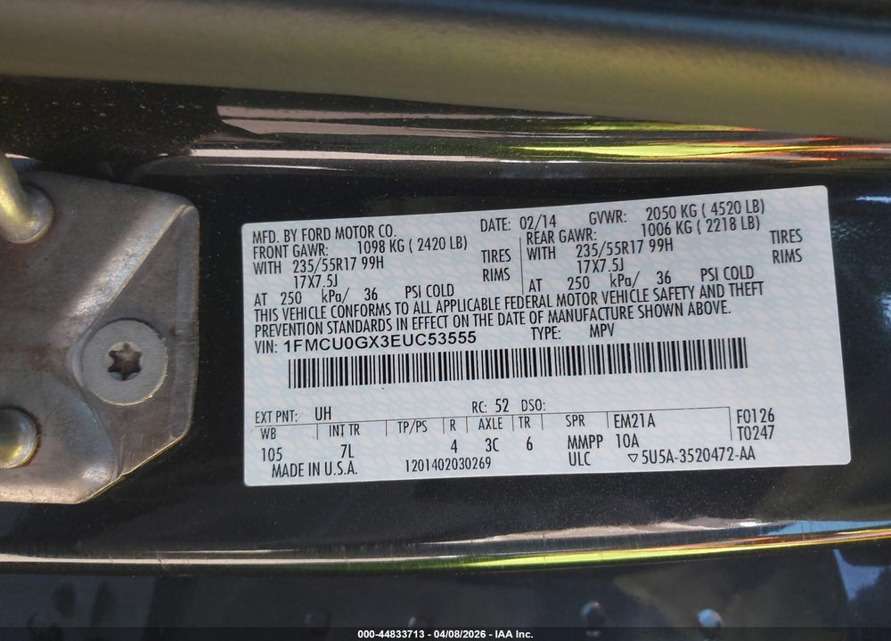 2014 FORD ESCAPE SE VIN: 1FMCU0GX3EUC53555