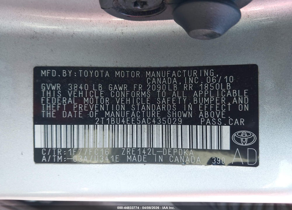 2010 TOYOTA COROLLA LE VIN: 2T1BU4EE5AC435029