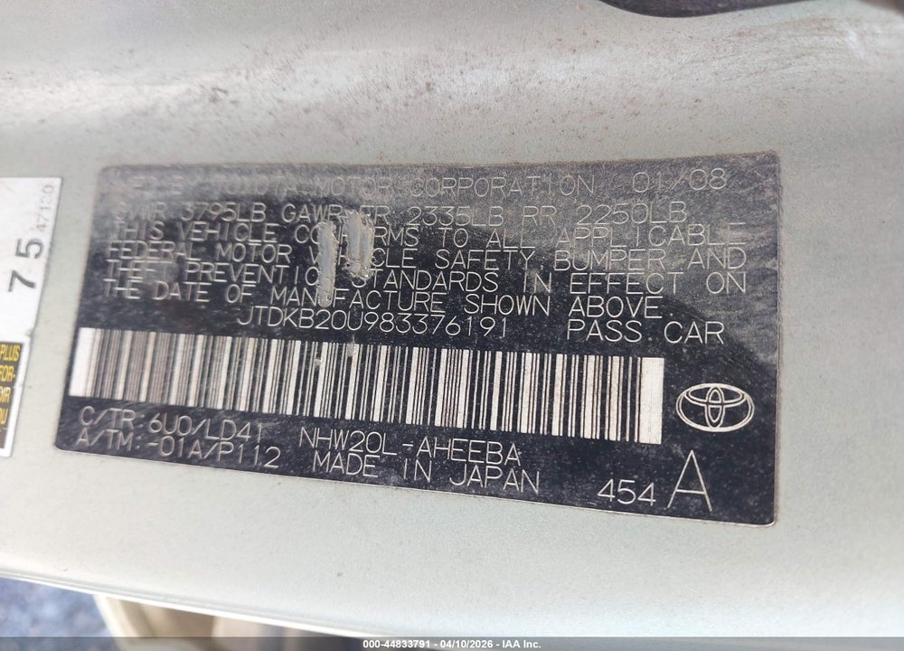 2008 TOYOTA PRIUS VIN: JTDKB20U983376191