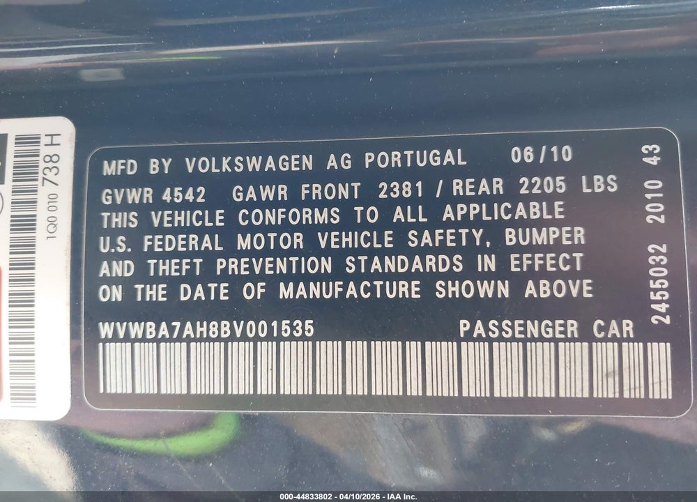 2011 VOLKSWAGEN EOS KOMFORT VIN: WVWBA7AH8BV001535
