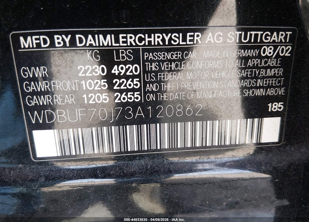 2003 MERCEDES-BENZ E 500 VIN: WDBUF70J73A120862