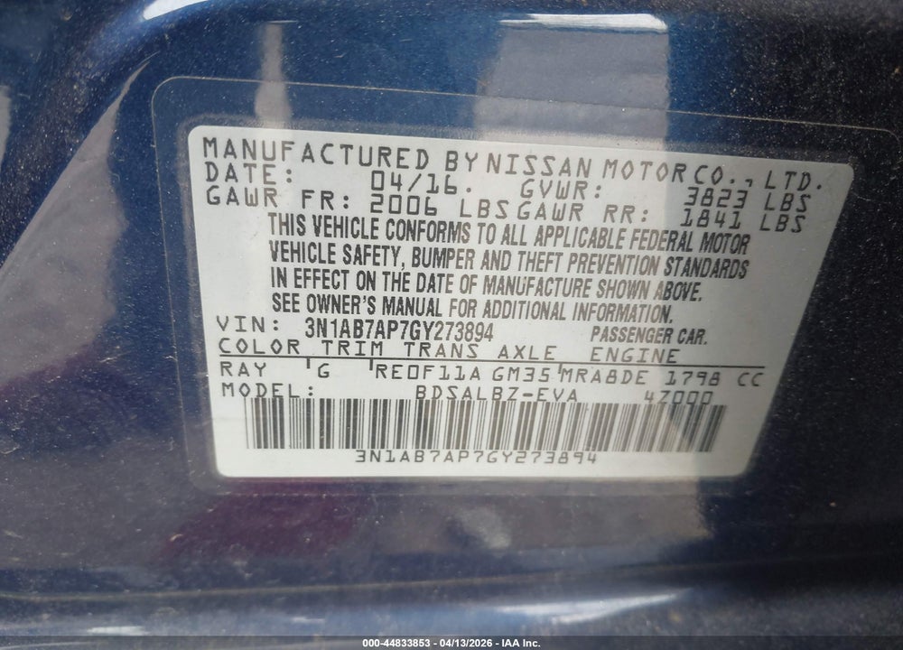 2016 NISSAN SENTRA S VIN: 3N1AB7AP7GY273894