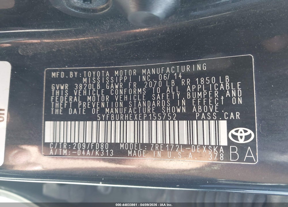 2014 TOYOTA COROLLA S PLUS VIN: 5YFBURHEXEP155752