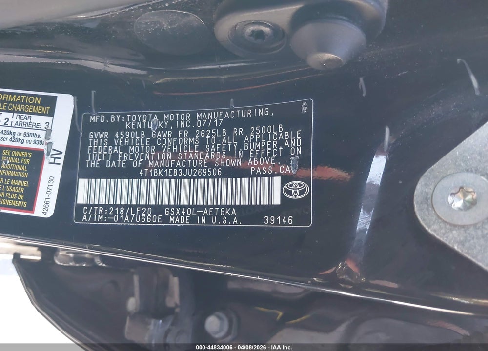2018 TOYOTA AVALON XLE PREMIUM VIN: 4T1BK1EB3JU269506