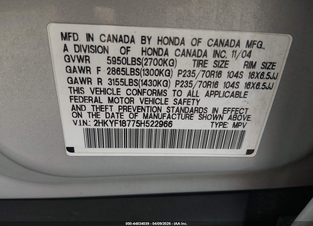 2005 HONDA PILOT EX-L VIN: 2HKYF18775H522966