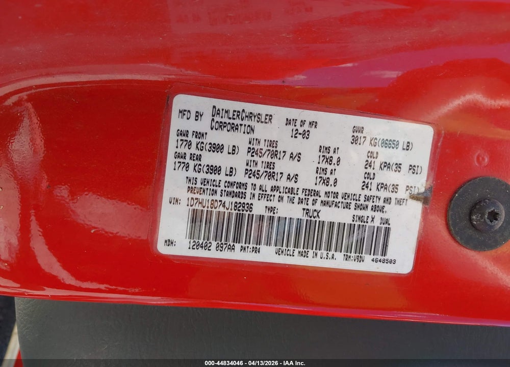 2004 DODGE RAM 1500 SLT/LARAMIE VIN: 1D7HU18D74J182936