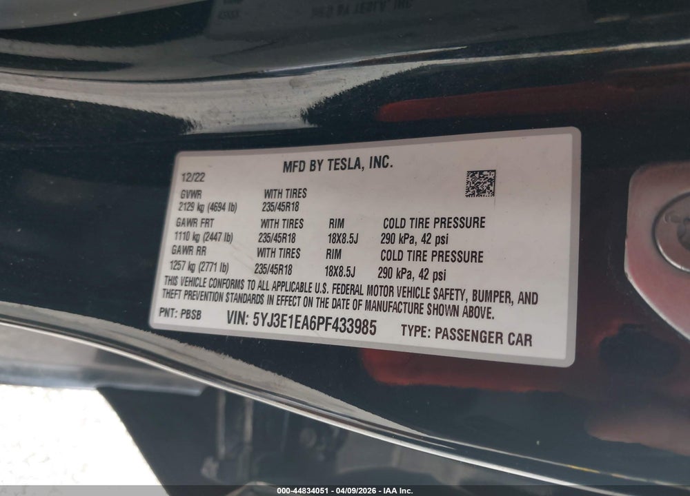 2023 TESLA MODEL 3 REAR-WHEEL DRIVE VIN: 5YJ3E1EA6PF433985