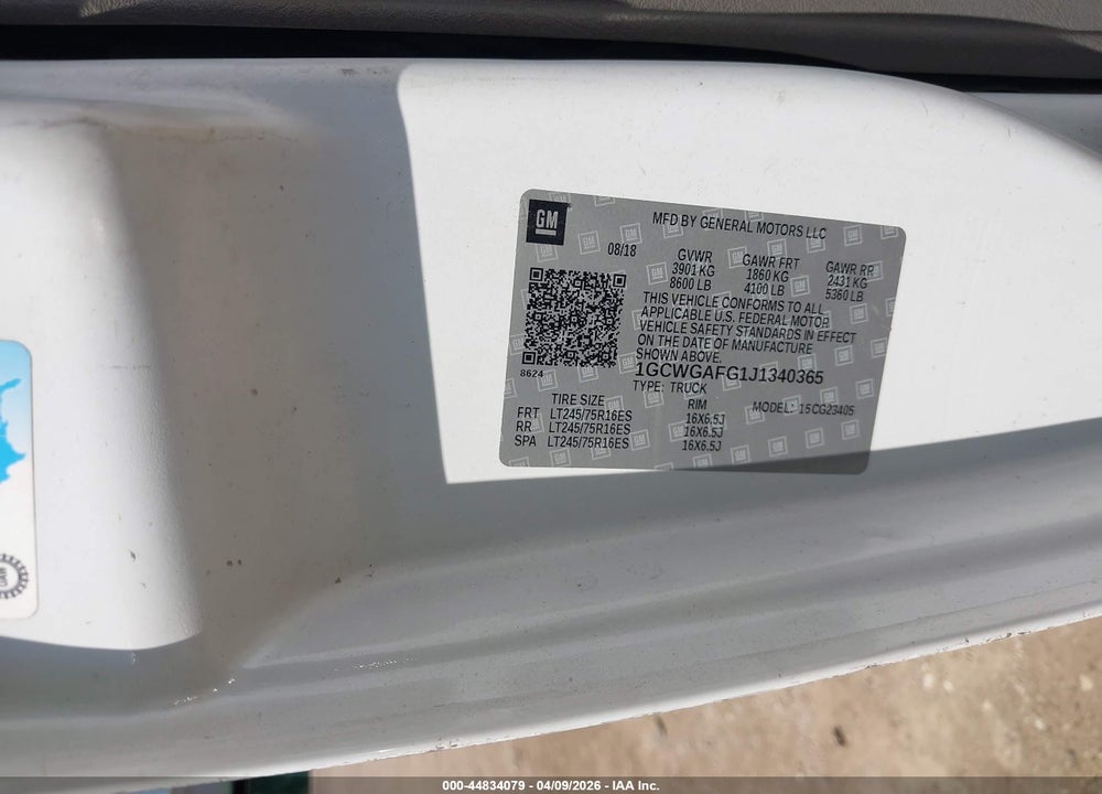 2018 CHEVROLET EXPRESS 2500 WORK VAN VIN: 1GCWGAFG1J1340365