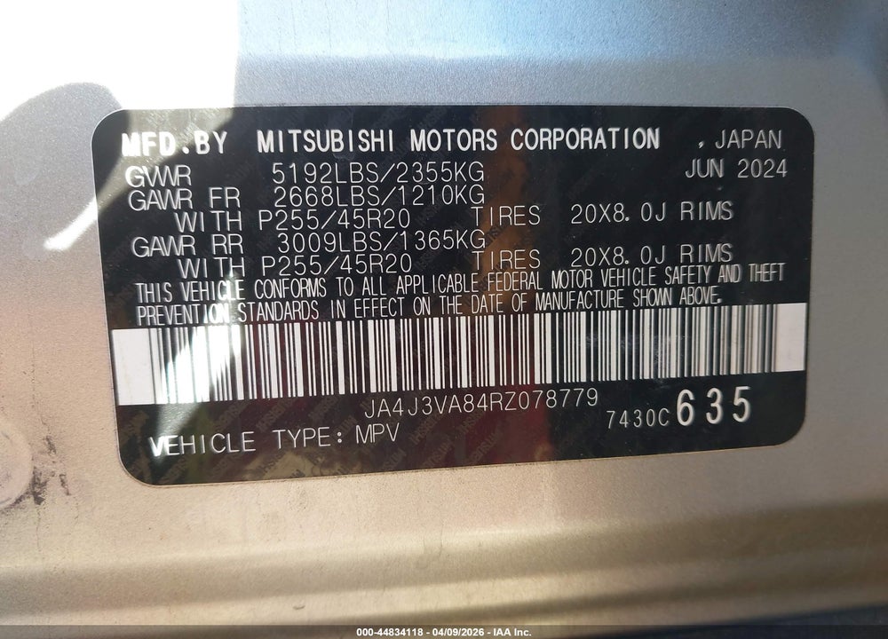 2024 MITSUBISHI OUTLANDER SE 2.5 2WD/SE BLACK EDITION S-AWC/SE BLACK EDITION W/PANO ROOF S-AWC VIN: JA4J3VA84RZ078779