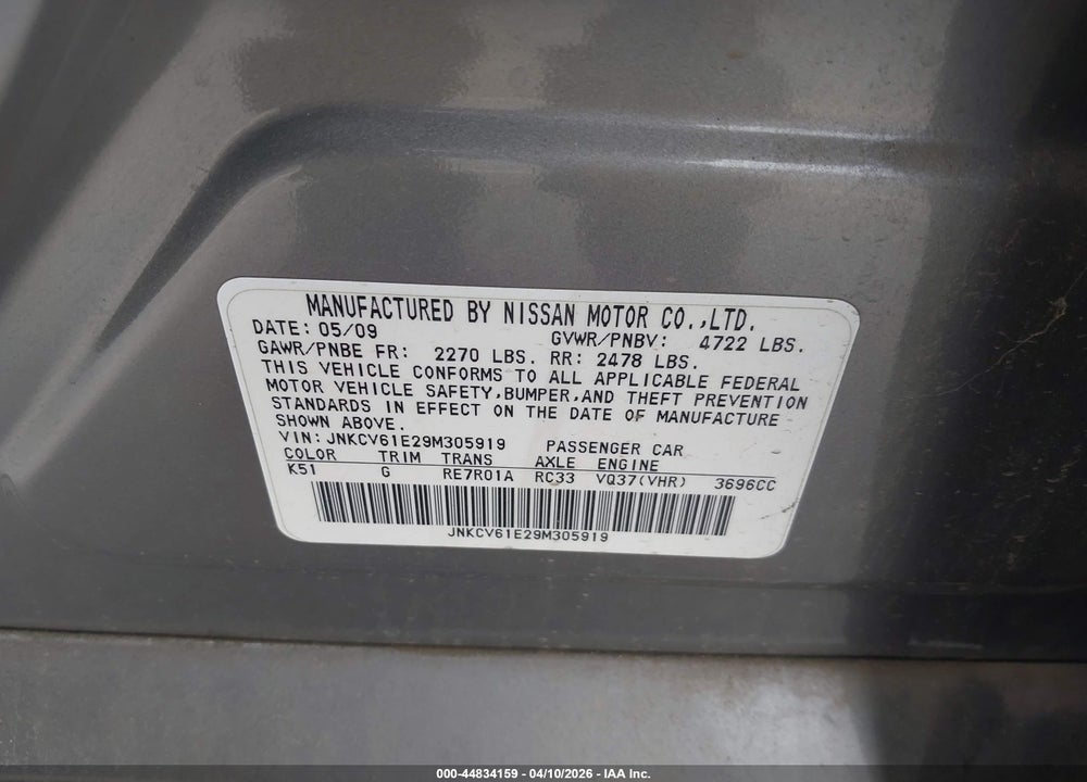 2009 INFINITI G37 JOURNEY VIN: JNKCV61E29M305919