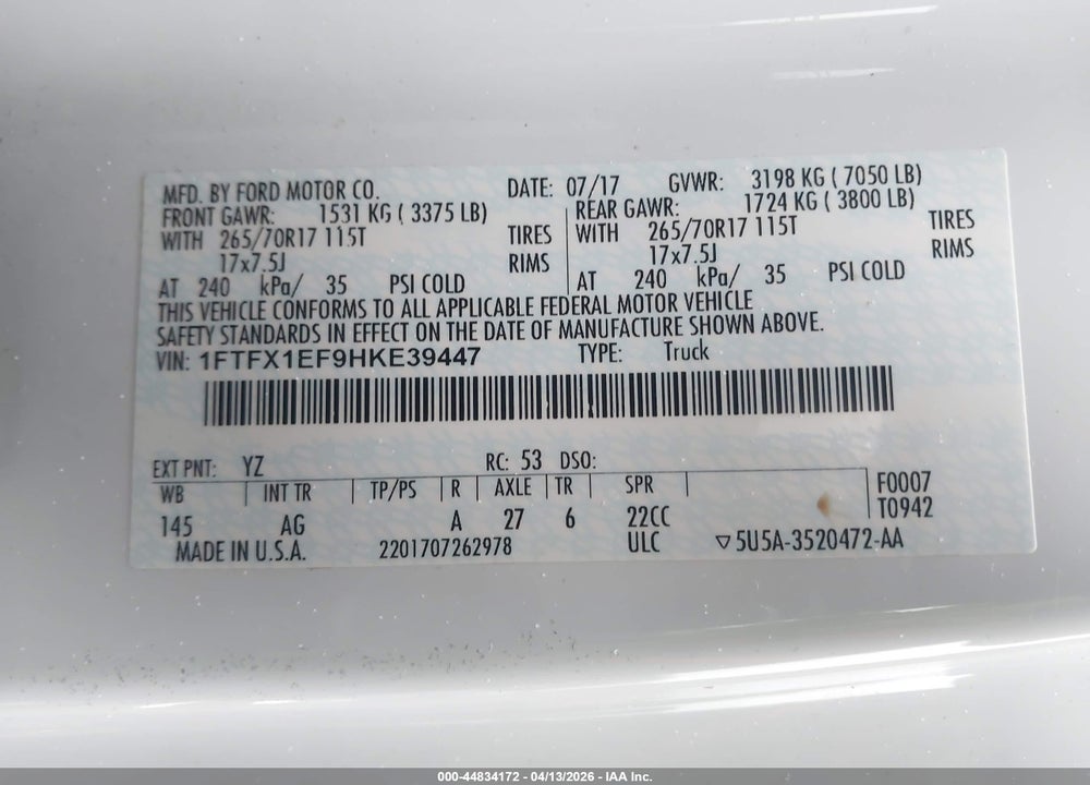 2017 FORD F-150 XL VIN: 1FTFX1EF9HKE39447