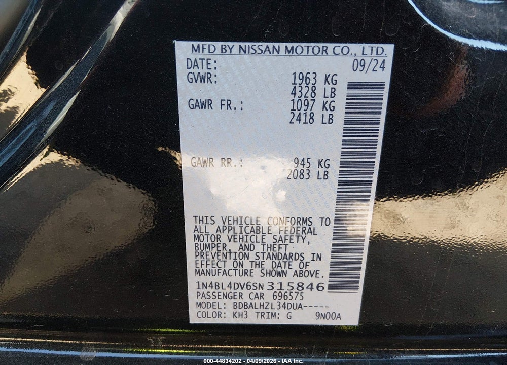 2025 NISSAN ALTIMA SV FWD VIN: 1N4BL4DV6SN315846
