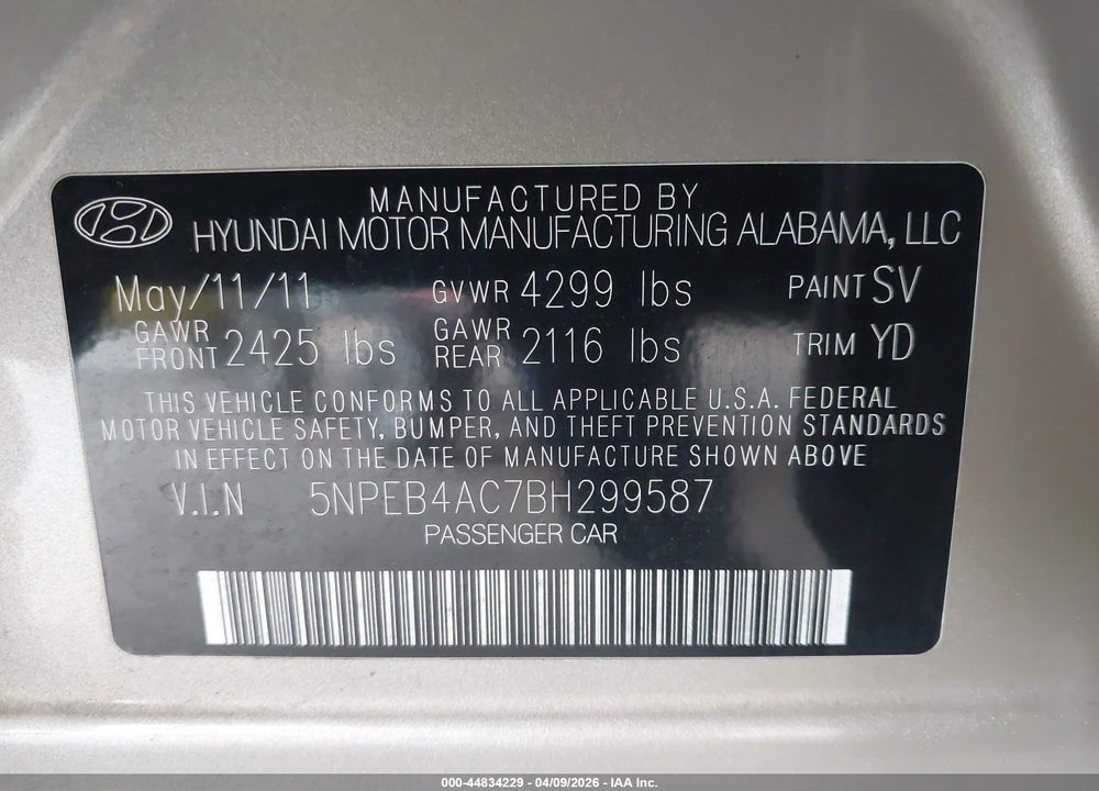 2011 HYUNDAI SONATA GLS VIN: 5NPEB4AC7BH299587