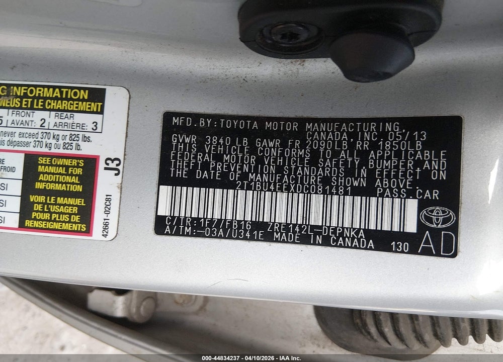 2013 TOYOTA COROLLA LE VIN: 2T1BU4EEXDC081481