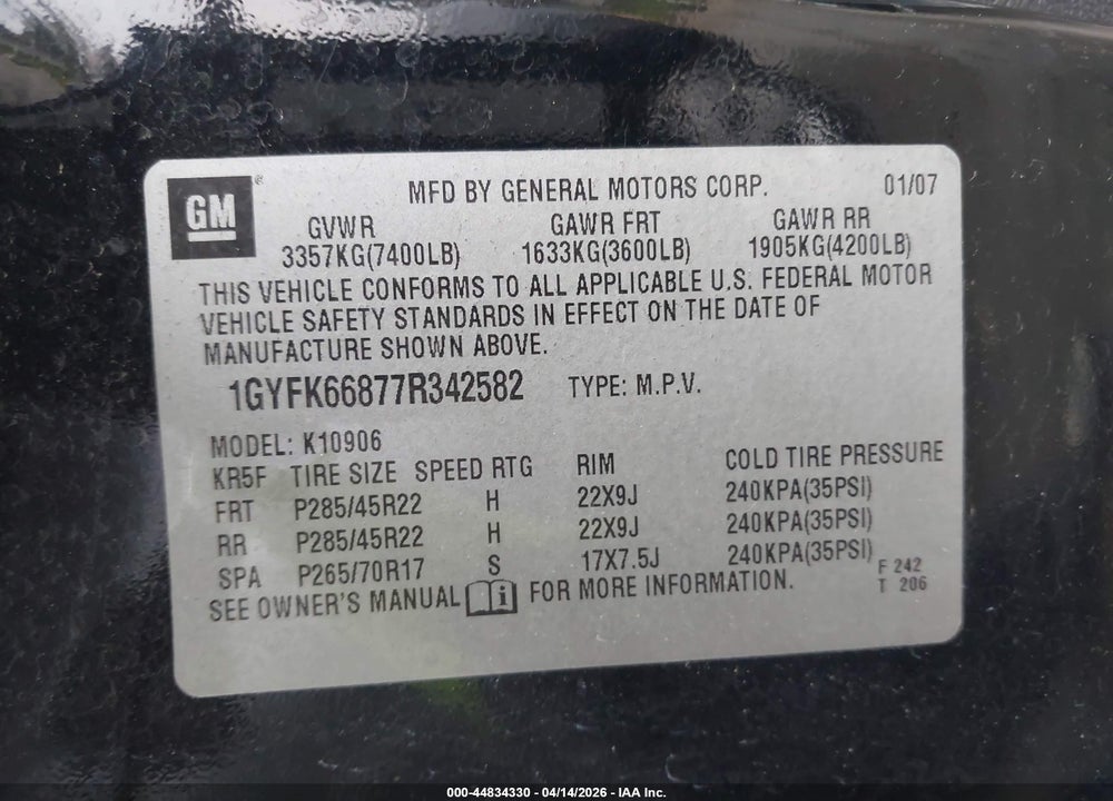 2007 CADILLAC ESCALADE ESV STANDARD VIN: 1GYFK66877R342582