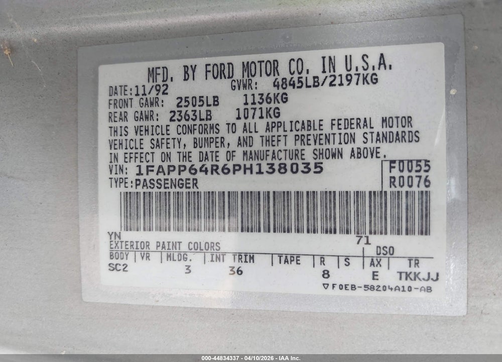 1993 FORD THUNDERBIRD SUPER COUPE VIN: 1FAPP64R6PH138035