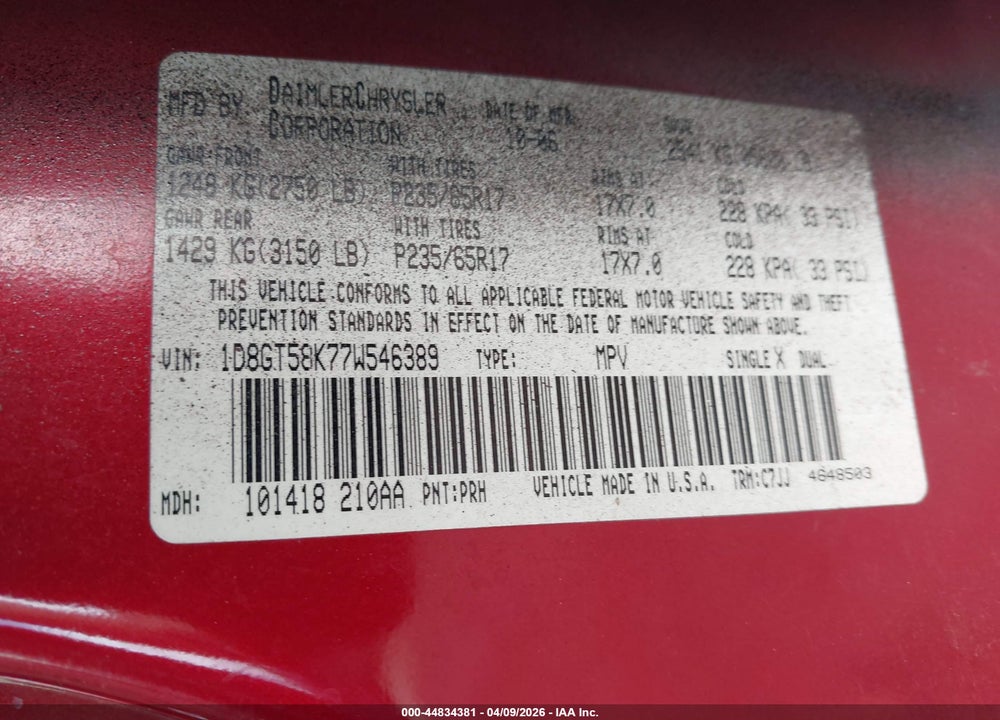 2007 DODGE NITRO SLT/RT VIN: 1D8GT58K77W546389