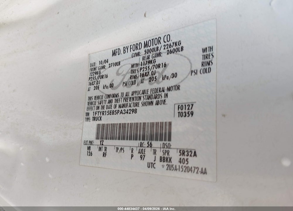 2005 FORD RANGER EDGE/XL/XLT VIN: 1FTYR15E85PA34298