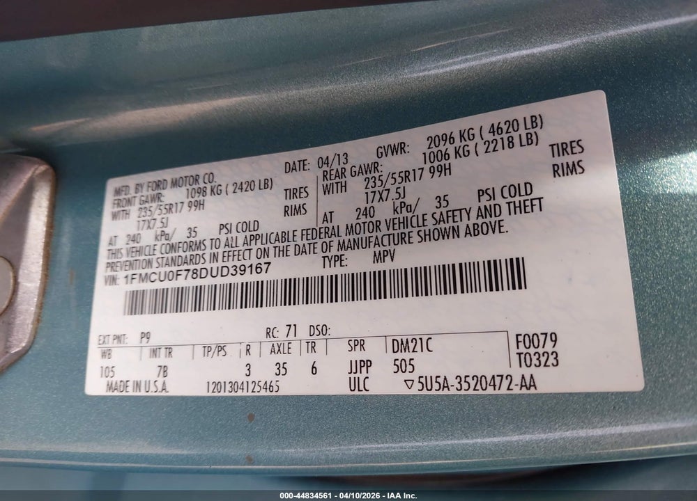 2013 FORD ESCAPE S VIN: 1FMCU0F78DUD39167