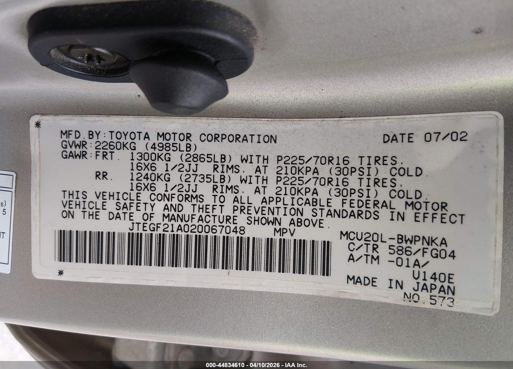 2002 TOYOTA HIGHLANDER V6 VIN: JTEGF21A020067048