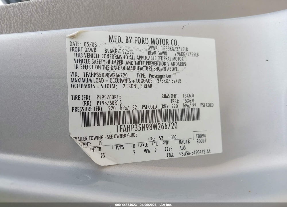 2008 FORD FOCUS SE/SES VIN: 1FAHP35N98W266720