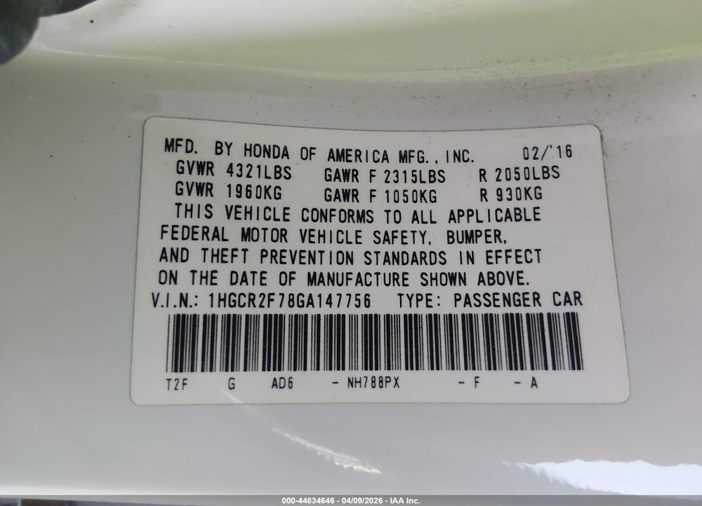 2016 HONDA ACCORD EX VIN: 1HGCR2F78GA147756