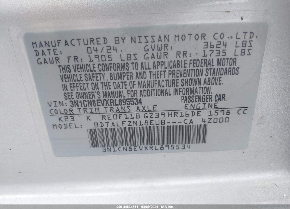 2024 NISSAN VERSA 1.6 SV VIN: 3N1CN8EVXRL895534