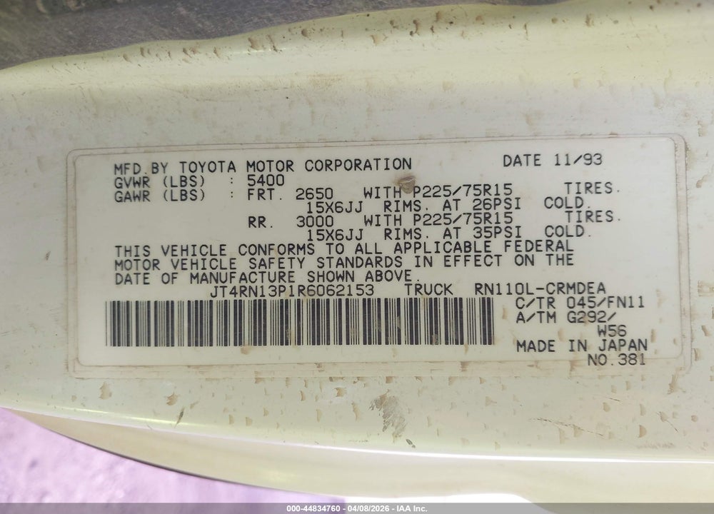1994 TOYOTA PICKUP 1/2 TON EX LNG WHLBASE/DX VIN: JT4RN13P1R6062153