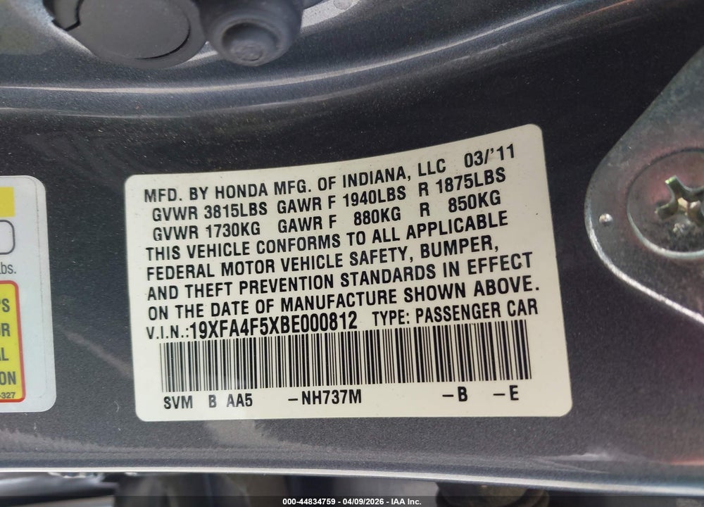 2011 HONDA CIVIC GX VIN: 19XFA4F5XBE000812