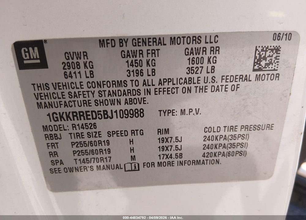 2011 GMC ACADIA SLT-1 VIN: 1GKKRRED5BJ109988