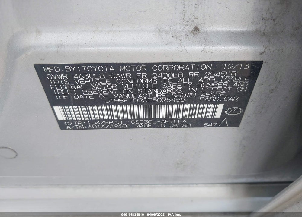 2014 LEXUS IS 250 VIN: JTHBF1D20E5025465