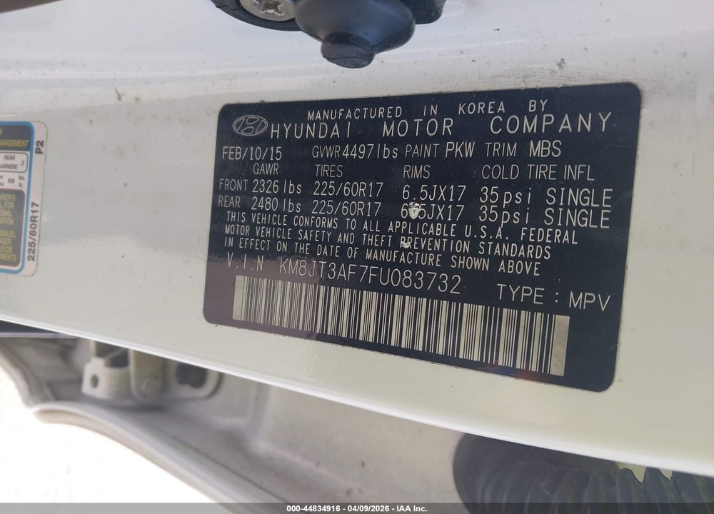 2015 HYUNDAI TUCSON GLS VIN: KM8JT3AF7FU083732