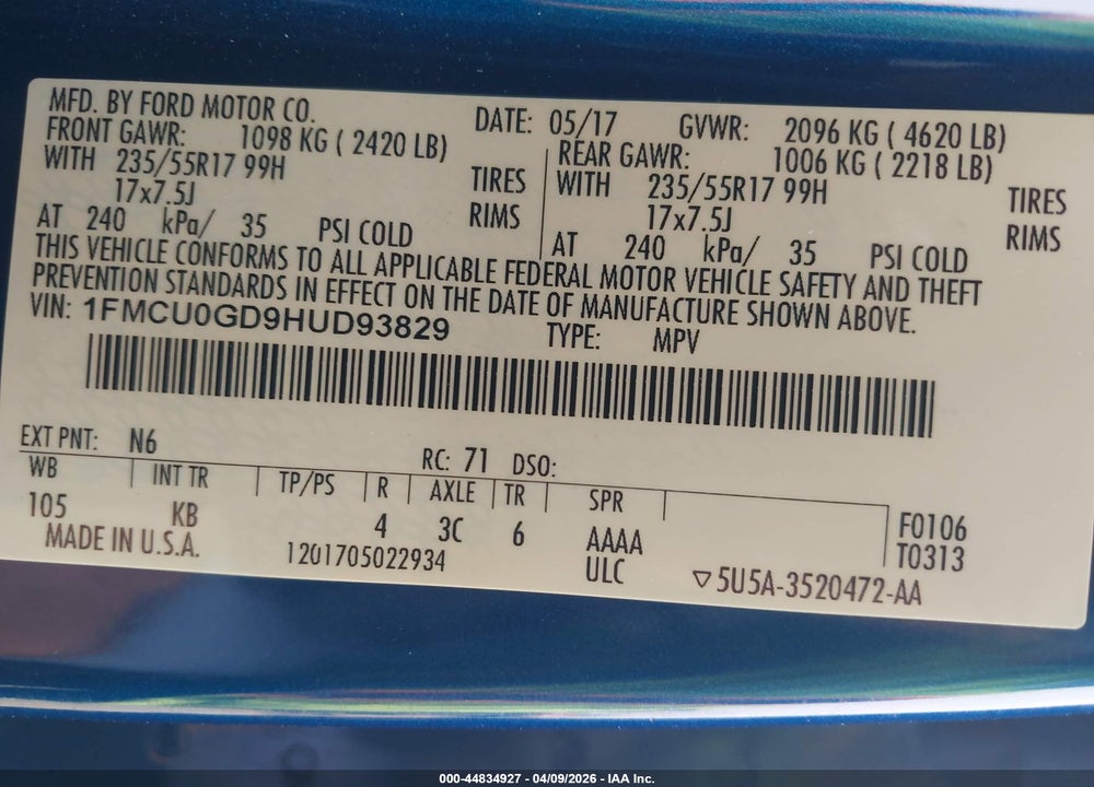 2017 FORD ESCAPE SE VIN: 1FMCU0GD9HUD93829