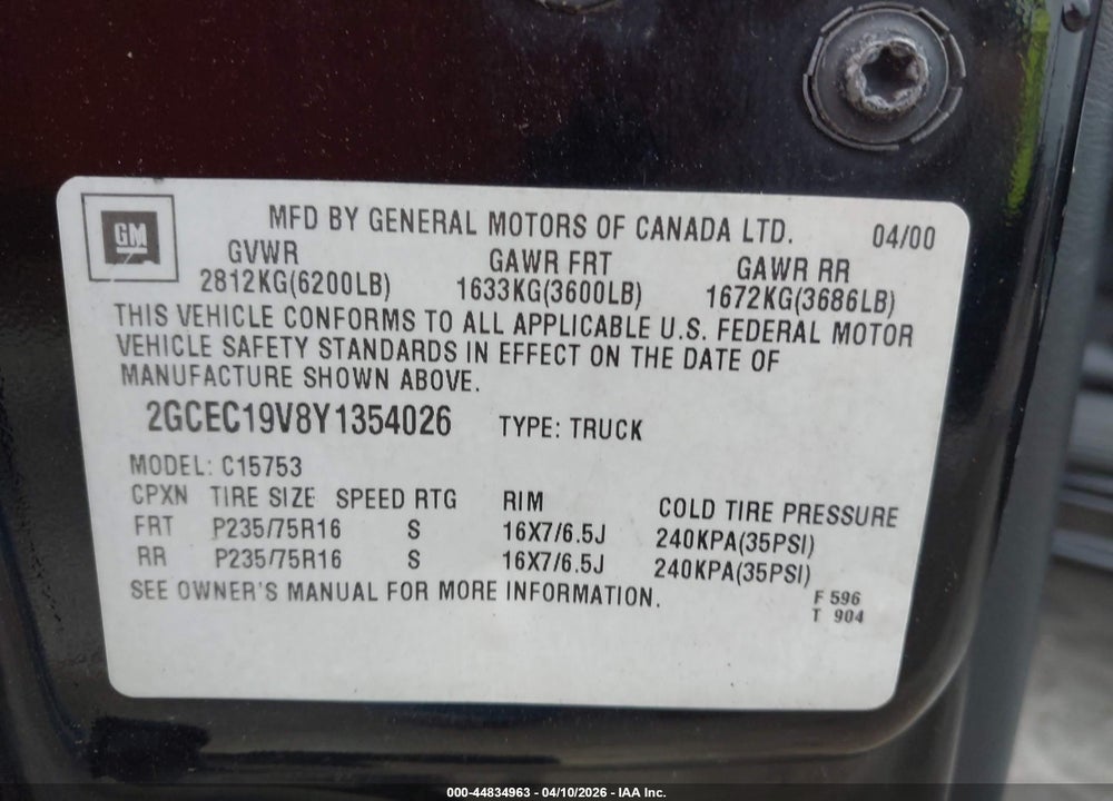 2000 CHEVROLET SILVERADO 1500 LS VIN: 2GCEC19V8Y1354026