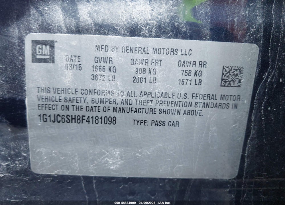2015 CHEVROLET SONIC LT AUTO VIN: 1G1JC6SH8F4181098