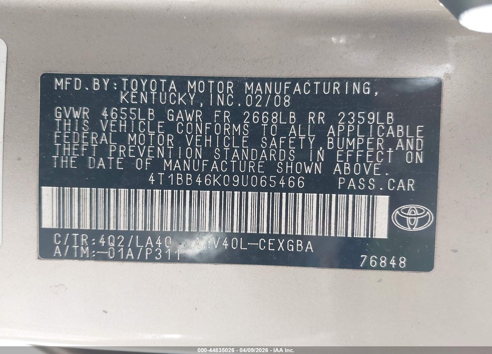 2009 TOYOTA CAMRY HYBRID VIN: 4T1BB46K09U065466
