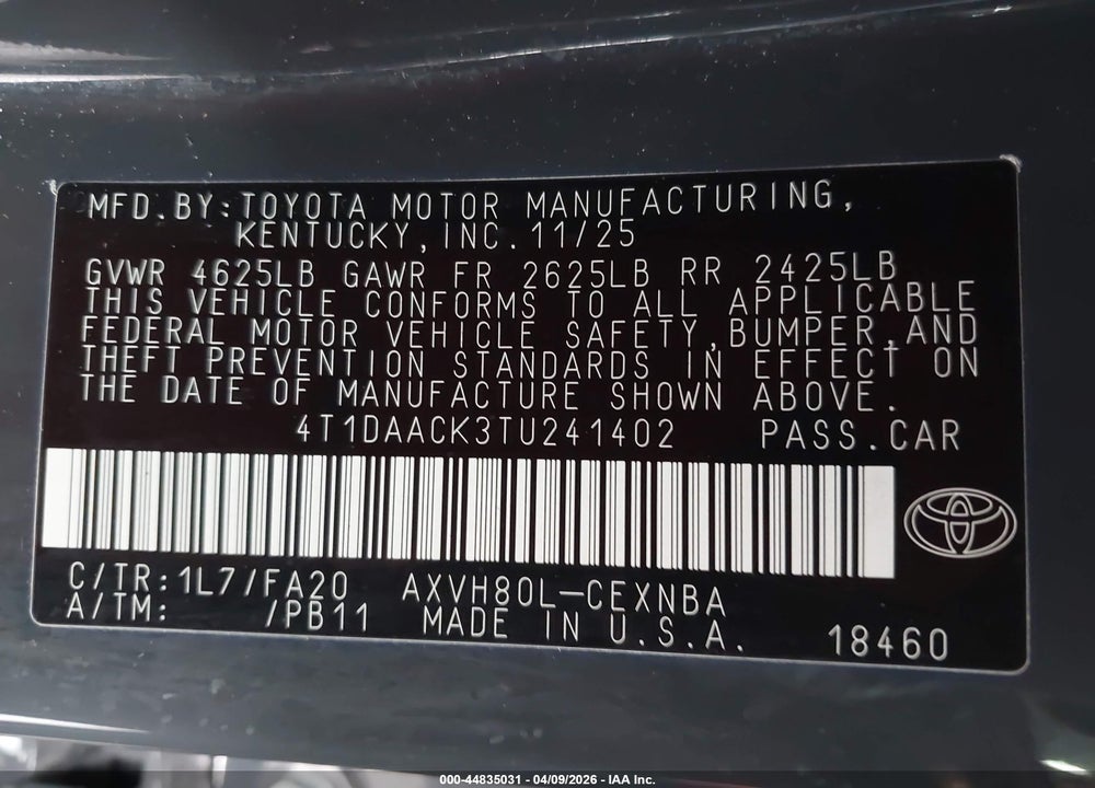 2026 TOYOTA CAMRY LE VIN: 4T1DAACK3TU241402