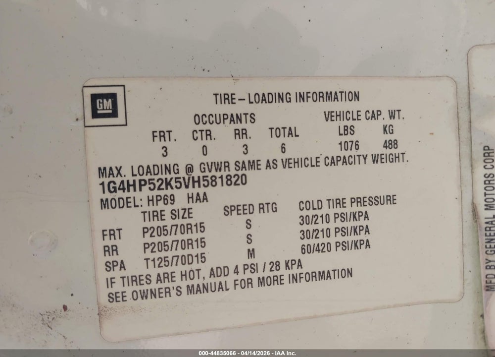 1997 BUICK LESABRE CUSTOM VIN: 1G4HP52K5VH581820