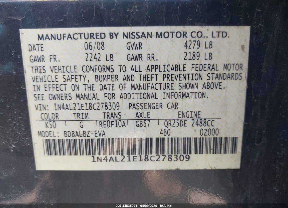 2008 NISSAN ALTIMA 2.5 S VIN: 1N4AL21E18C278309