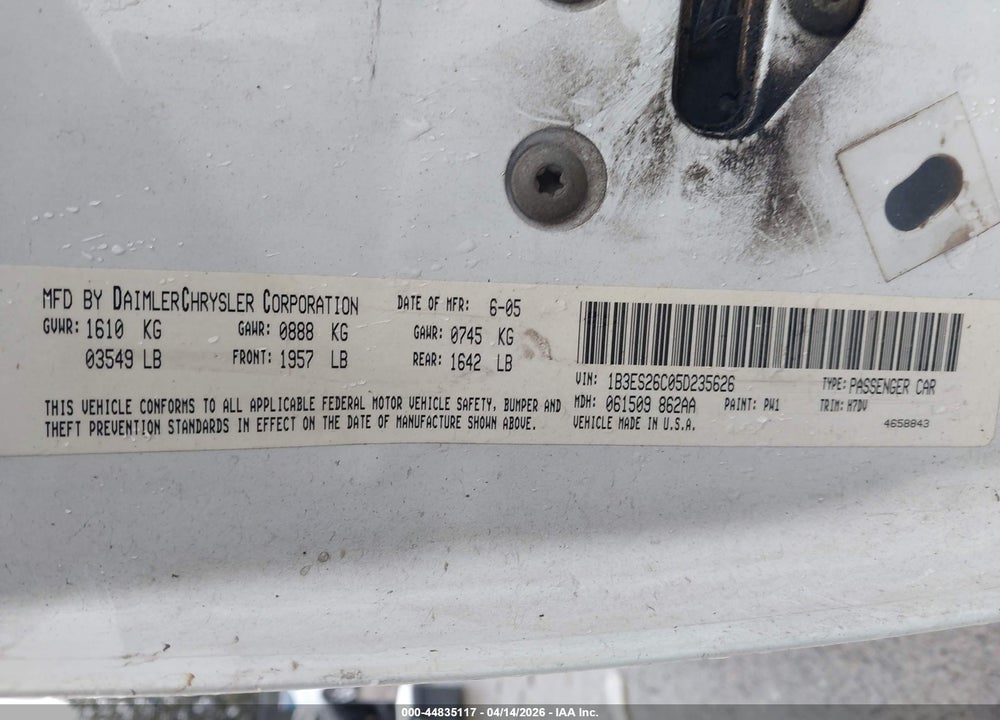 2005 DODGE NEON SE VIN: 1B3ES26C05D235626