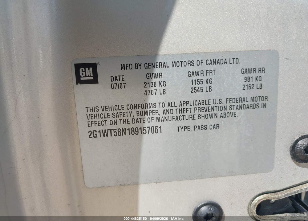 2008 CHEVROLET IMPALA LT VIN: 2G1WT58N189157061
