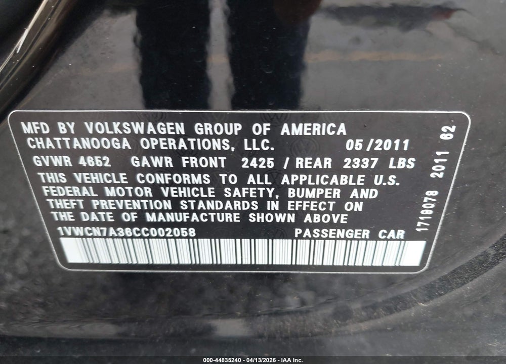 2012 VOLKSWAGEN PASSAT 2.0L TDI SEL PREMIUM VIN: 1VWCN7A36CC002058