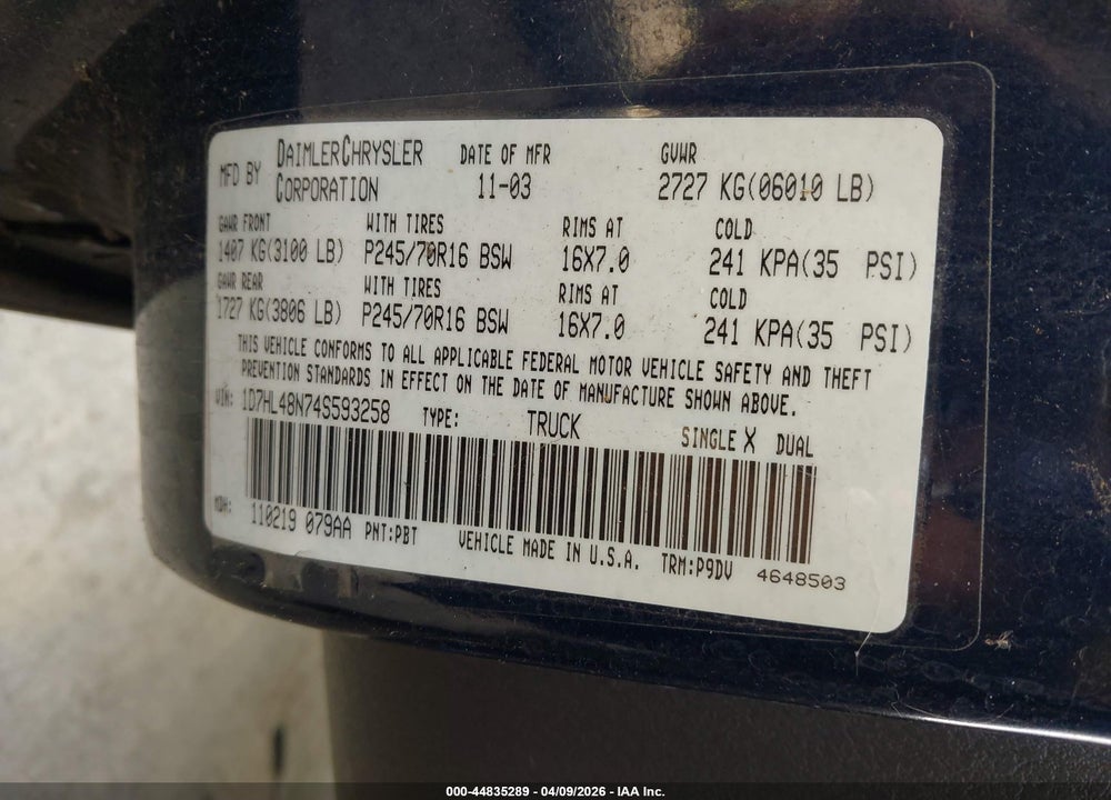 2004 DODGE DAKOTA SLT VIN: 1D7HL48N74S593258